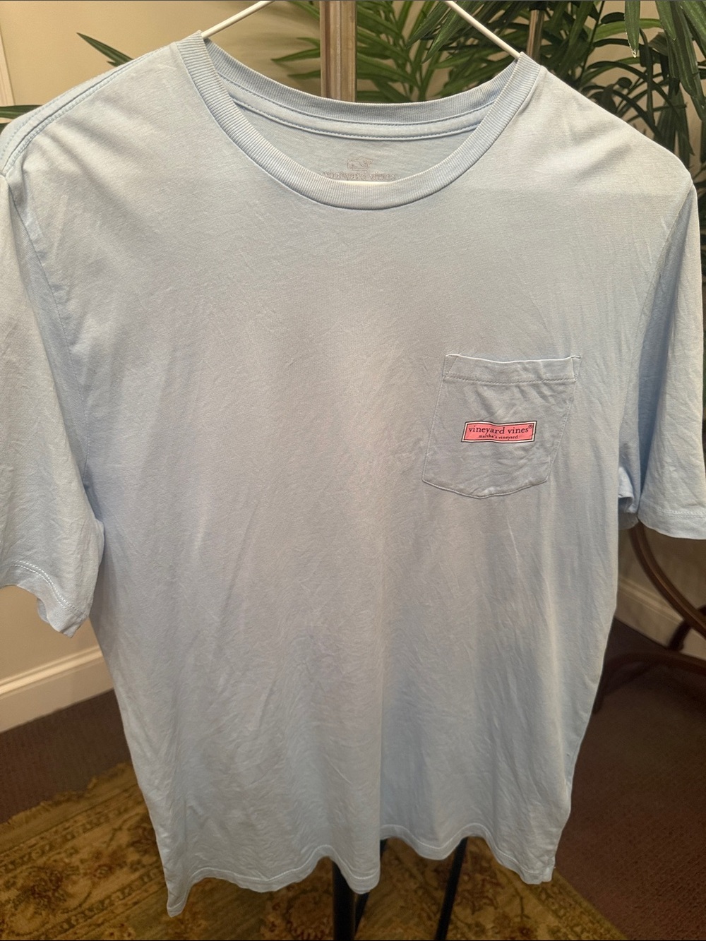 Vineyard Vines Light Blue Short Sleeve Pocket Tee with Pink Logo Tag